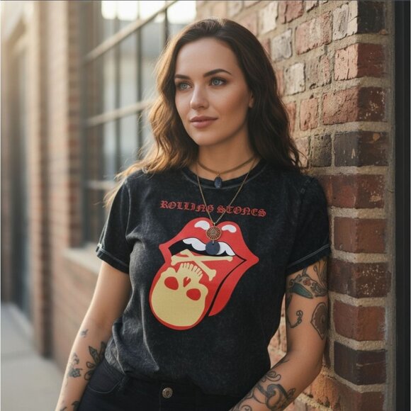 Rolling Stones ✦ Skull Tongue Acid Wash T-Shirt ✦ Black Red Yellow Graphic M - Picture 1 of 5